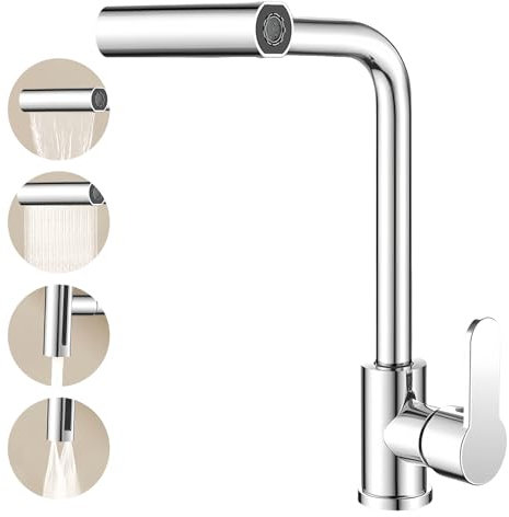 Grifo de Cocina, Grifos para Fregadero de Cocina, Giratorio 360°, 4 Modos de Agua, Torneira Cozinha Monomando Flexible