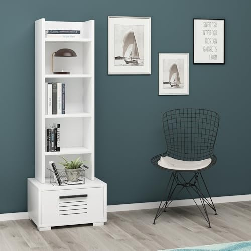 Hanah Home Modern White Bookshelf, 35 cm W x 152.2 cm H x 25.6 cm D | 100% Melamine Coated Particle Board, 18 mm Thick | Stylish Storage with Numerous Shelves