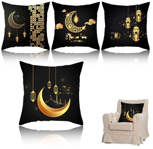 KALUROIL Ramadan Kissenbezüge Mond Laternen Baumwolle Leinen Kissenhülle Kissenbezug - Exquisite Eid Mubarak Dekoration für Ramadan Mubarak, Ramadan Kareem - Set von 4 atemberaubenden Ramadan Kissen