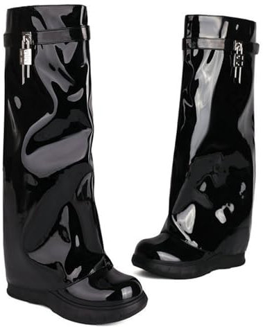 LIUHD Donne Stivali Pieghevoli in Jeans al Ginocchio Stivali Alti con Polpaccio Largo, Punta Tonda, Plateau Spesso, Zeppa, Stivaletti Lunghi,Black,40