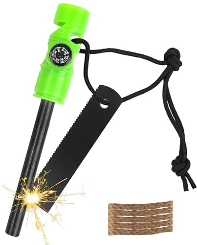 Allume Feu Survie, Pierre a Feu Briquet Silex Magnésium Briquet Kit 5 en 1 avec Sifflet, Boussole, Corde Inflammable, Allumeur, Idéal pour Camping, Activités Extérieures, Survie (Vert)
