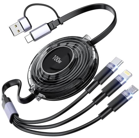 3-in-1 Retractable Multi Charging Cable, 100W Fast Charging USB-C/A to Lightning/USB-C/Micro USB for iPhone 16, 15, 14 Pro Max, Samsung Galaxy, Kindle, Travel Charger for Multiple Devices (Black)
