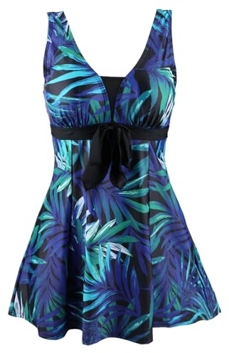 Ecupper Maillot de Bain Une Pieces pour Femme Rétro Jupe avec Volantée Contrôle du Ventre Push Up Col en V Feuille Verte 4XL
