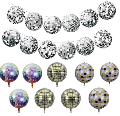 Rainway 9 Stück Discokugel Luftballon, 22 Zoll 4D Disco Folienballons, 1 Stück Discokugel Deko Banner, für Disco-Mottoparty Geburtstag Party Mitzvah Abschlussfeier Dekoration