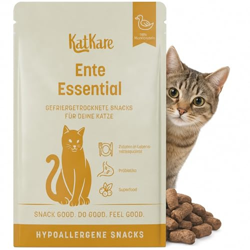 KatKare Hypoallergene Katzensnacks Ente Essential 30g Monoprotein | Gefriergetrocknet, getreidefrei, ohne Zusatzstoffe, ideal für empfindliche Katzen mit Monoprotein Ente als Proteinquelle