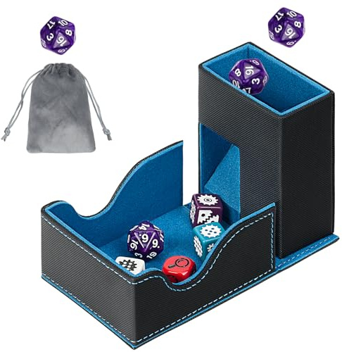 Jaffzora 3-in-1 Faltbarer Würfelturm & magnetische Würfelaufbewahrungsbox, Premium Leder Würfelorganisator mit U-Nut für D&D, MTG, RPG und Tabletop-Spiele, Schwarz und Blau