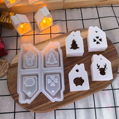 4 Stück Silikonformen Gießformen Häuser, 3D Silikonform Weihnachten Haus Mini Silikonform Häuser Gips zum Gießen Silikonformen Weihnachten Kerzenhalter Gießformen Silikon Weihnachten (A)