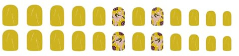 24 Pcs Flowers Stick On Nails Yellow Artificial Short Square False Glossy Press On For Woman And Girls
