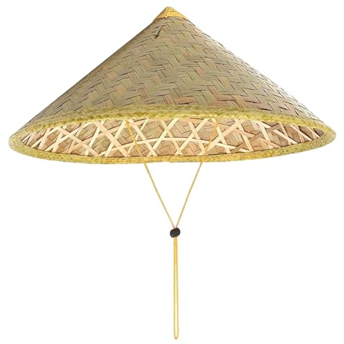 BEAHING Chapeau de Riz Chinois Oriental Conique en Bambou, avec Corde réglable, Tissage de Paille 14 Pouces, Casquette Pluie Touristique pour la pêche des Agriculteurs