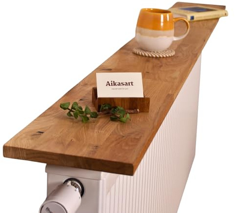 Aikas Art Heizungsregal Eiche Massiv – Ohne Bohren – Individuelle Länge 30-190 cm – Zum Aufstecken – Handgefertigte Ablage für Heizkörperverkleidung (Steckklemme für Plattenheizkörper, 100x20 cm)