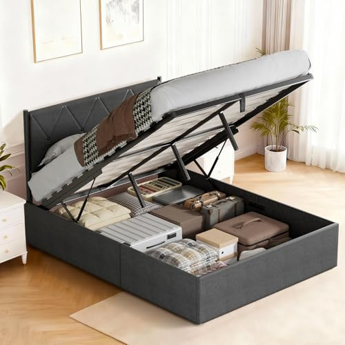 DEWINNER Lit Coffre 140x190 | Lit 140 x 190 avec Sommier à Lattes en Bois | Système Hydraulique avec Rangement Caché | Cadre de Lit en Lin Gris Foncé | Chambre Organisée (sans Matelas)
