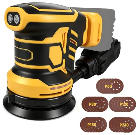 Random Orbital Sander for Dewalt 20V, 125mm 350W Brushless Electric Orbital Sander with 25pcs Sandpaper, 6 Speeds 21000RPM, Dust Extraction for Wood Sanding Polishing (Yellow, for Dewalt)