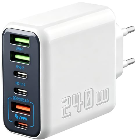 240W USB C Ladegerät 6-Port mehrfachstecker, 3 USB-A & 3 USB-C Ports | QC5.0 USB Netzteil Adapter, Kompatibel mit iPhone 17/16/15/14, Samsung Galaxy S25 S24, iPad, Tablet, Kompakt und Tragbar