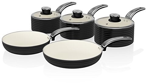 Swan SWPS5020BLN Retro 5 Piece Aluminium Pan Set with Glass Lid, Non-Stick Ceramic Coating, Black