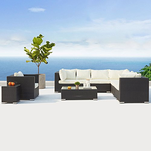 CONCEPT USINE - Salon De Jardin Salento en Résine Tressée 8 Personnes Noir Et Blanc - Plateau De Table en Verre Trempé Securit - Coussins Déperlants 100% Polyester - Résistant, Imperméable