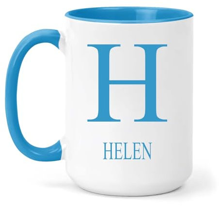 grabmybits Helen Personalized Initial Mug - Custom Name Ceramic Cup for Tea or Coffee Gift - Blue