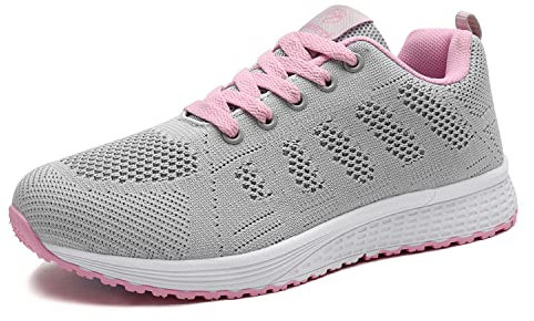MINBEI Femme Baskets Fille Fitness Chaussures Outdoor Running Gym Sport Sneakers Lacets Plate, Rose Taille 41 EU
