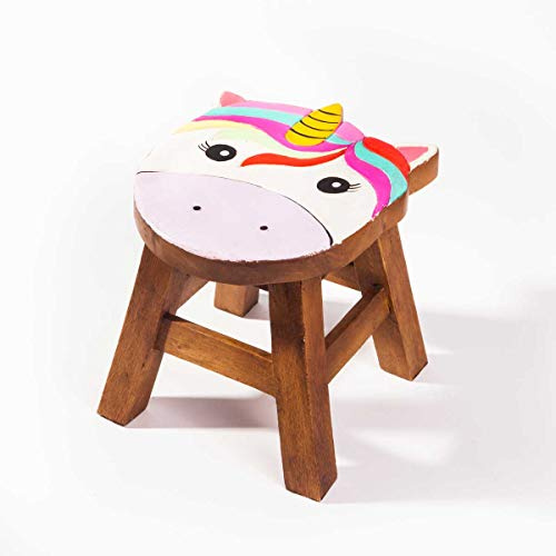 Kinderhocker, Schemel, Kinderstuhl massiv aus Holz mit Tiermotiv Einhorn, 25 cm Sitzhöhe für unsere Kindersitzgruppe