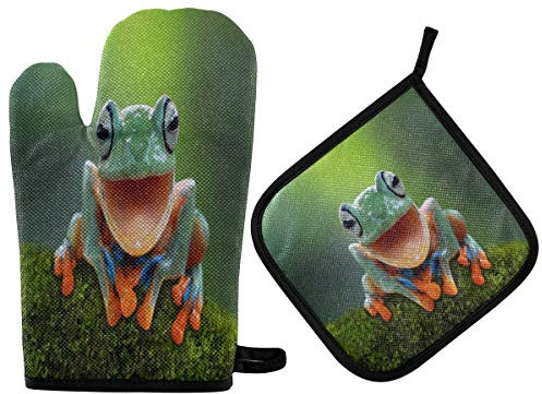 HMZXZ RXYY Niedlich Tier Frosch Drucken Ofenhandschuhe Gesteppt Baumwolle Beschichtung Topflappen BBQ Handschuhe-Ofenhandschuhe Hitzebeständig Küche Sicher Matten für Backen Kochen