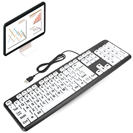 Plyisty Clavier Filaire USB, Clavier Basse Vision pour Personnes âgées, Clavier Blanc à Grandes Touches pour Ordinateur Portable(Noir)
