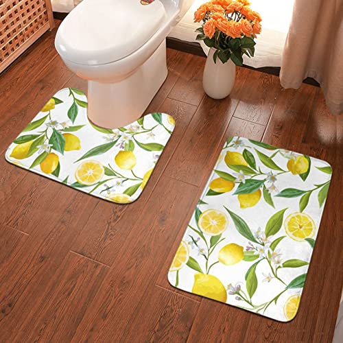 MGCEDLTD Rutschfeste saugfähige Badematte und U-förmiger WC-Vorleger, gelbe Zitronen-Badezimmerteppiche, 2-teiliges Set für Badezimmer
