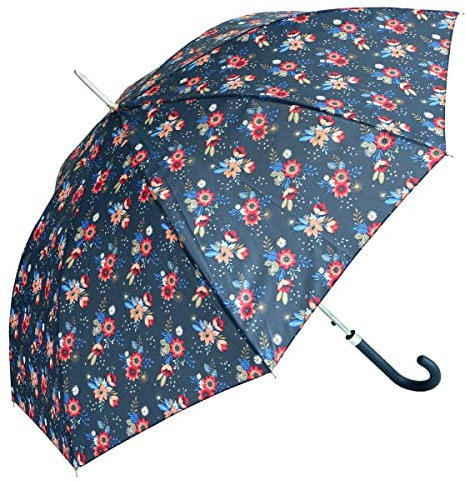 C-COLLECTION Stockschirm Fiber Damenschirm Regenschirm Automatik Blumen UV Schutz 50+ (Dunkelbla)