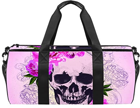 Sac de sport avec motif de football Rouge/blanc, Tête de mort en fleur., 45 x 23 x 23 cm / 17.7 x 9 x 9 inch