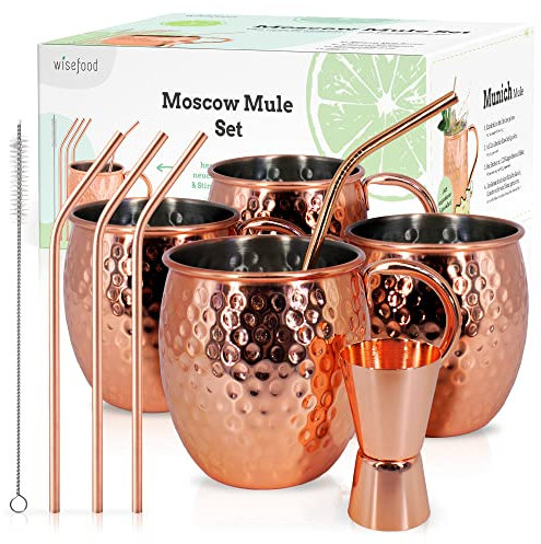 wisefood Moscow Mule Lot de 4 gobelets en cuivre martelé avec pailles, brosse de nettoyage et jigger assorties, tasses en cuivre martelé idéales comme gobelets à cocktail, à gin ou à Munich Mule