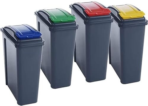 JMS we create smile Set of 4 x 25 Litre Slimline Plastic Recycle Bin with Flap Lid Kitchen Garden Waste Rubbish Bins Dustbin (Blue/Red/Green/Yellow)