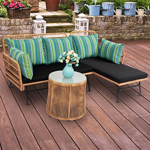 Kayan Outdoor 3 Piece Sectional Set Patio Furniture, Rope Woven L-Shaped Conversation Sofa Set for Backyard, Porch w/Thick Cushions, Detachable Lounger, Side Table