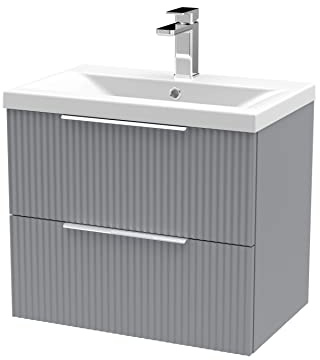 Hudson Reed DFF293A Fluted Modern Bathroom Wall Hung 2 Drawer Vanity Basin Unit with Mid-Edge Ceramic Basin, 600mm, Satin Grey