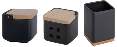 KOOK TIME Set de accesorios cocina - incluye salero de cocina, porta utensilios de cocina y bote de ajos - bote para ajos y salero de cocina con tapa de bambú - Cerámica negro mate y bambú