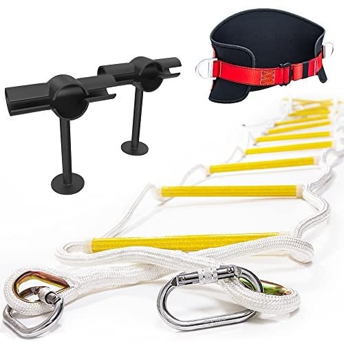 Scala di sicurezza 10 m ignifuga - Soluzione innovativa Scala con stabilizzatori distanziatori, cavo di sicurezza e cintura - Riutilizzabile - Capacità di peso fino a 900 kg