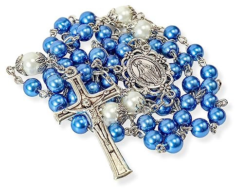 Nazareth Store 6mm Pearl-like Glass Rosaries with White Mystery Beads & Miraculous Medal | Includes Purple Velvet Bag - Stunning Prayer Beads for Spiritual Devotion (Blue)