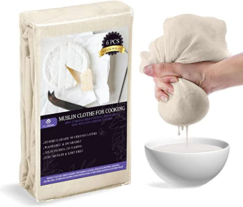 Felihome Pack of 6 - Muslin Cloth for Cooking 50x50 cm, Cheese Cloths for Straining & Baking, Cheesecloth with Hemmed Edges, Unbleached Cotton Grade 90, Reusable Muslin Cloths for Cooking