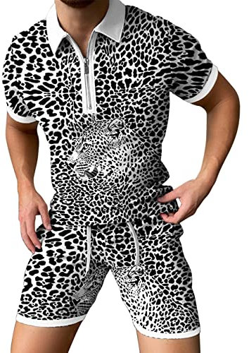 QWUVEDS Summer sports suit, men's spring summer top, short suit, short sleeve, leopard print, zip suit, casual fashion sports suit, men's sports suit set, 2-piece short sleeve T-shirt + long, black, L