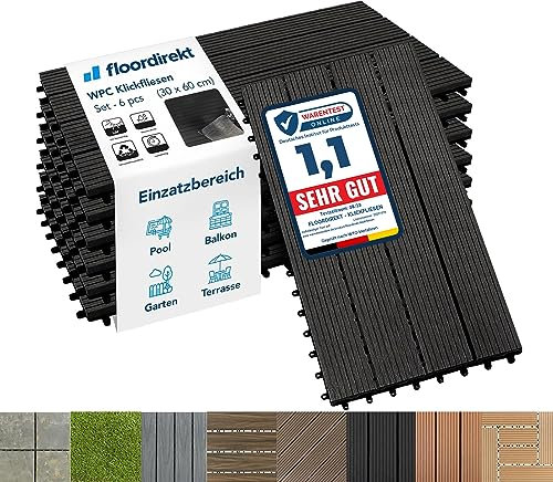 Floordirekt WPC Fliesen 60x30 cm, 1m² = 6 Terrassenfliesen, Klickfliesen, Balkonfliesen in Holzoptik - Bodenbelag für Balkon & Terrasse - wetterfest mit Drainagefunktion | Anthrazit | Royal