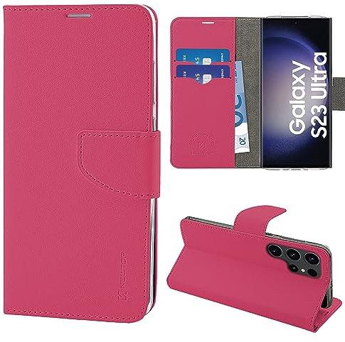 N NEWTOP Cover Compatibile con Samsung Galaxy S23 ULTRA, HQ Lateral Custodia Libro Flip Chiusura Magnetica Portafoglio Simil Pelle Stand Protezione Completa Case TPU Anti Urto (Fucsia)