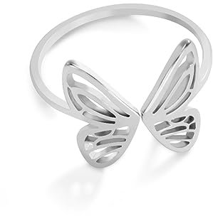 Dreamtimes Open Einstellbare Schmetterling Ring Edelstahl Gold Farbe Frauen Ästhetische Finger Ringe Kpop Mode Hochzeit Schmuck Geschenk (Silber)