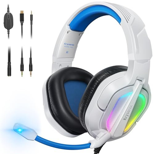 Krysenix PG2 Cuffie Gaming per PS4, PS5, PC, Xbox, Nintendo Switch, Cuffie con Microfono Stereo AI, Cuffie con jack da 3,5 mm e Luce RGB, Bianco/Blu