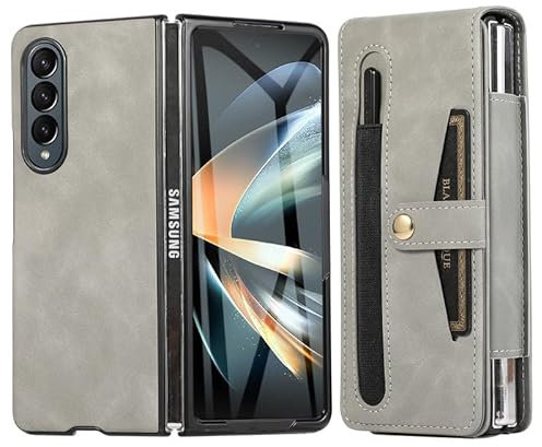 Étui en cuir vintage avec clip ceinture pour Samsung Galaxy Z Fold 3, protection d'écran intégrée, fermeture magnétique, poche pour cartes de crédit, stylet et coque antichoc - Gris