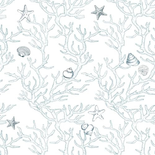 WENMER Coastal Peel and Stick Wallpaper - 17.3 X 590 White and Light Blue Coral Seashell Starfish Beach Ocean Wallpaper for Bathroom Cabinets Decor