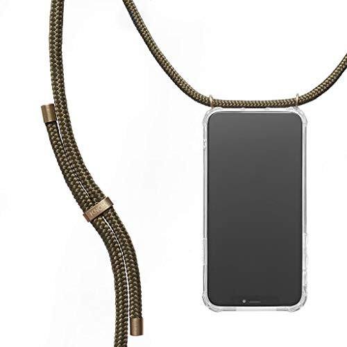 KNOK Handykette Kompatibel mit Apple iPhone 15 PRO MAX - Silikon Hülle mit Band - Handyhülle für Smartphone zum Umhängen - Transparent Case mit Schnur - Schutzhülle mit Kordel in Olive