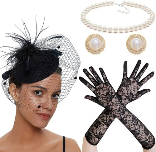 SHDIEHJFMLDH 4 Stück Fascinator Damen, Perle Halskette Vintage Ohrringe Schleier mit Handschuhe Damen Elegant Fascinator Hut und Netzhandschuhe Schwarz