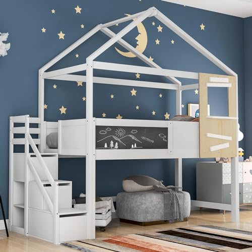 Daesar Hausbett Kinderbett mit Treppe und Fenster, Bettgestell mit Lattenrost, Treppe mit 3 Schubladen, Einzelbett 90x200 Weiß für Kinder Mädchen