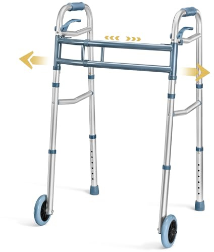 Medical king Walkers for Seniors Aluminum Lightweight Walker with Wheels, Adjustable Width and Height, Folding Walker for Elderly, Handicapped, Disabled 2 Wheels in Front