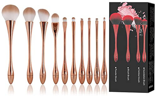 Ensemble de pinceaux de maquillage, 10 pinceaux de maquillage professionnels base synthétique correcteur pastel ombre à paupières sourcils lèvres maquillage pinceau set (or rose)