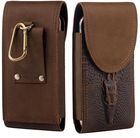 Hengwin Waist Belt Phone Holder for Men, Genuine Leather Belt Pouch Holster for Samsung S25 S24 S23 S22 Ultra S24+ S23+, Phone Case, Small Hiking Smartphone Cases Card Pocket Carrier