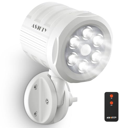ASOFTY Sensor de movimiento para exteriores, funciona con pilas, 6 focos LED inalámbricos de 1000 lúmenes con control remoto, IP65 impermeable 6000 K, luz de seguridad de movimiento para garaje,