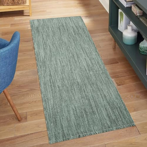 carpet city Teppich-Läufer Kurzflor Flur - Grün - 80x300 cm - Teppiche Fransen Boho-Style - Einfarbig - Schlafzimmer, Wohnzimmer